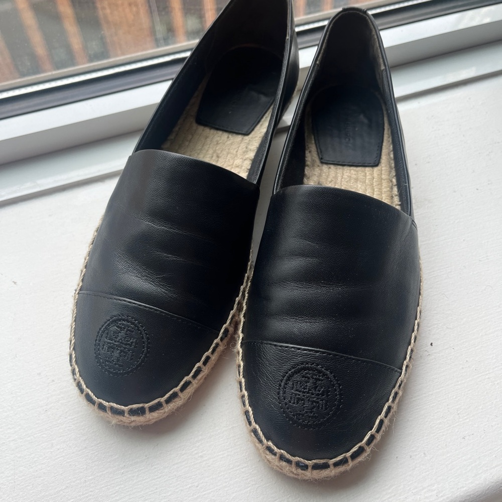 Tory Burch Black Napa Leather Espadrille Flats